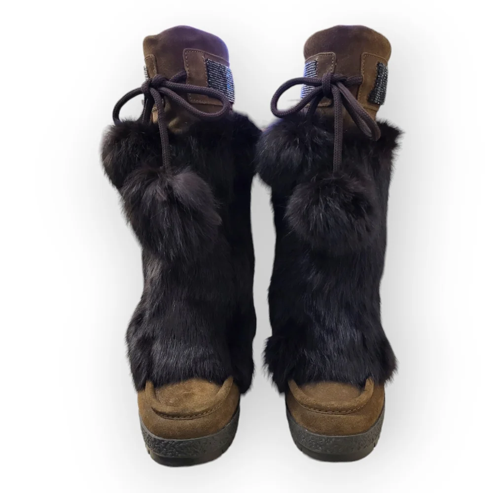 COACH Maryann Rabbit Fur Suede Boots Brown Beaded Trim Pom Pom Ties 8
